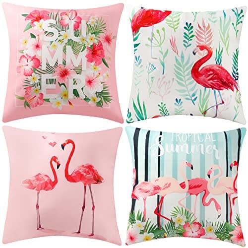 Image of EURhine 4 Pcs Flamingo Throw Pillow Covers Decorative Pink Bird Pillowcases Tropical Leaves Cushion Covers for Sofa Couch Summer Holiday Home Decor