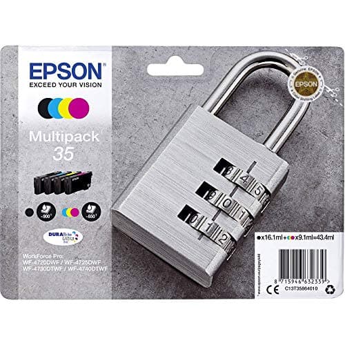 Image of Epson 35 Padlock Genuine Multipack, 4-colours Ink Cartridges, DURABrite Ultra Ink, Black/Yellow/Magenta/Cyan, Standard