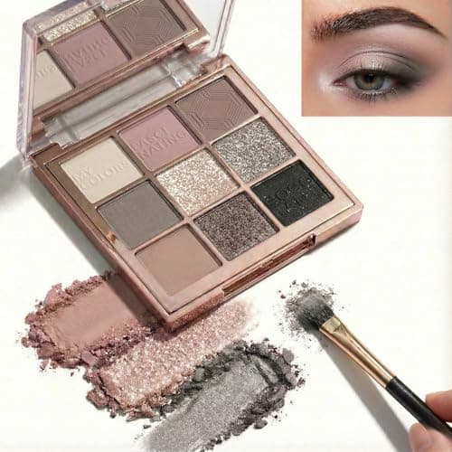 Image of 9 Colors Smoky Nude Eyeshadow Palette - Cool Toned Matte & Glitter Eye Shadow Makeup, Highly Pigmented Silver Grey Taupe Black Shades, Long Lasting Waterproof Shimmer Palette for Daily & Party