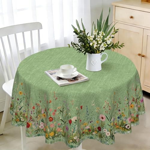Image of iEvery Green Floral Round Tablecloth Wipe Clean 120cm, Wipeable Circular Table Cloth Waterproof Stain-Resistant Polyester Table Cover for 2-4 Seater Dining Kitchen Patio Garden Party Outdoor Decor
