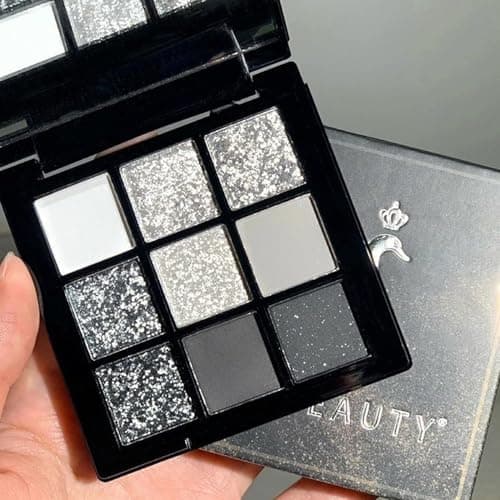 Image of Long Lasting Black Eyeshadow Palette with Silver Glitter, Waterproof Goth Make Up for Women and Girls, Matte White and Grey Shades, Perfect for Halloween
