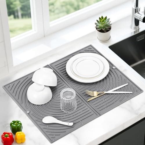 Image of Silicone Draining Board Mats, Large Dish Drying Mat for Kitchen Counter, Folding Sink Drainer Mat, Non-Slip Silicone Trivet, Quick Drying, Heat Resistant, for Sink Countertop, 51×41cm (Grey)