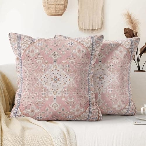 Image of XPHZZL Pack of 2 Bohemian Style Linen Decorative Cushion Covers 40x40 cm Square Throw Pillow Covers 16x16 Inch Boho Style Pillowcases for Outdoor Home Decor Sofa Bedroom Car - Pink