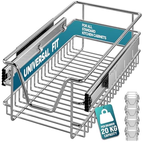 Image of CASARIA® 4x Pull Out Telescopic Kitchen Drawer | For 30cm Units - 26cm Internal Cabinet Dimensions | Chrome-Plated | 20kg Load Capacity | Basket Shelf Organiser Storage Space Saving