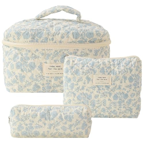 Image of CHAMAIR 3Pcs Coquette Makeup Bag - Quilted Cosmetic Bag Large Make Up Bag Set Aesthetic Floral Toiletry Bag Cotton Travel Skincare Bag for Women Ladies Girls (Style B1)