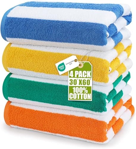 Image of Utopia Towels Cabana Stripe Beach Towels (76 x 152 cm) - 100% Ring Spun Cotton Large Pool Towels, Soft and Quick Dry Swim Towels (Pack of 4) (Blue, Green, Orange & Yellow)