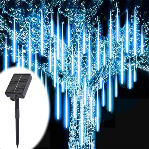 Image of ACESOME Solar Outdoor Christmas Lights, Meteor Shower Lights, 30CM 8 Tube Icicle Lights Outdoor, Waterproof Falling Rain Light for Halloween, Xmas Decorations, Window, Wedding & Party (Blue)