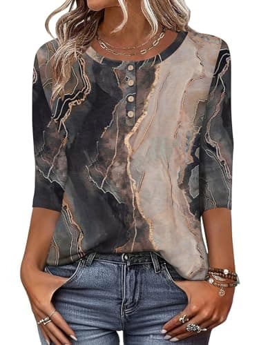 Image of Zeagoo Blouses for Women 3/4 Sleeve Tops Crew Neck Floral Blouse Casual Tops Summer T Shirts Floral Black M