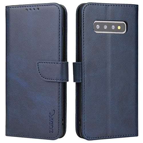 Image of LOLFZ Wallet Case for Samsung Galaxy S10e, Vintage Leather Book Case with Card Holder Kickstand Magnetic Closure Flip Case Cover for Samsung Galaxy S10e - Blue