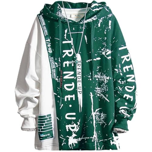 Image of Covisoty Men's Hoodie Techwear Hip Hop Urban Streetwear Hoodies Print Patchwork Long Sleeve Pullover Japanese Sweatshirt Autumn Winter Green L