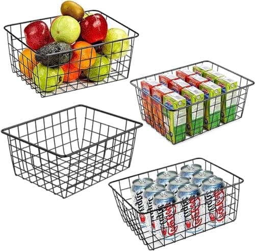 Image of CIFFRA 4PCS Black Wire Storage Baskets with Handles, 28x22x12cm Metal Organizer Bins for Kitchen, Pantry, Bathroom, Freezer & Office - Durable Stackable Storage Solutions
