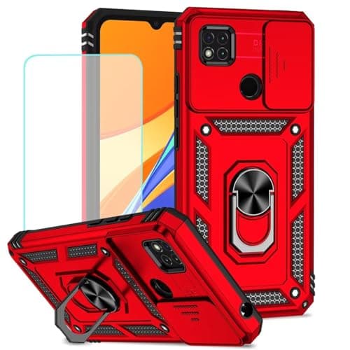 Image of Jhxtech for Redmi 9C/Redmi 10A/Redmi 9C NFC/Redmi 9 Activ Case with Tempered Glass Screen Protector and Slide Camera Cover, Magnetic Ring Car Mount Holder Protective Cover for Xiaomi Redmi 9C Red