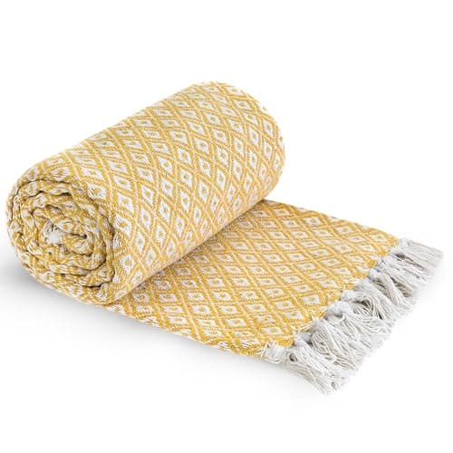 Image of Emma Barclay Casablanca - Scandi Woven Recycled Cotton Chair Sofa Setee Bed Throw Over Blanket in Ochre - 50x60 (127x152cm)
