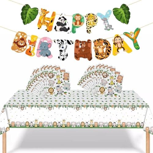 Image of Animal-Themed Birthday Party Decor Set - Featuring Vibrant Jungle Safari Happy Birthday Banner, Matching Table Cover & 20 Colourful Animal Print Napkins for Kids' Zoo Theme Celebrations