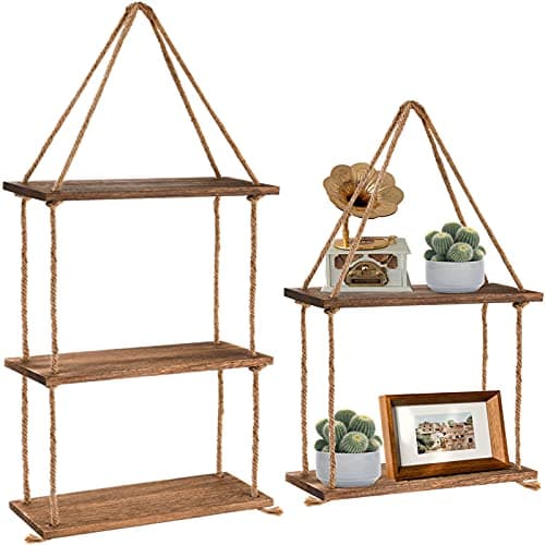 Image of ZOOFOX Set of 2 Wood Hanging Shelf, 2 Tier and 3 Tier Jute Rope Wall Hanging Floating Shelf, Rustic Home Wall Storage and Display Rack for Living Room, Bathroom, Bedroom, Kitchen and Office ( Brown )