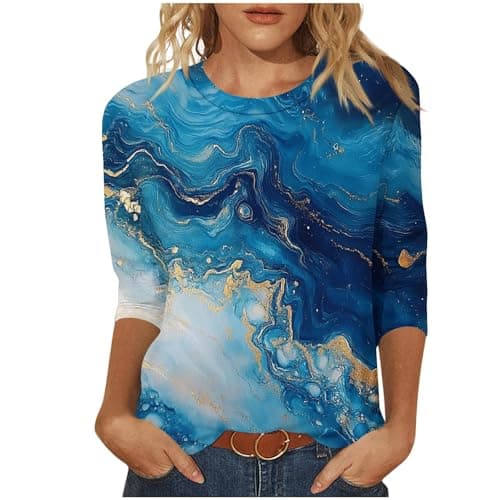 Image of Womens Coloured Marble Print Tops Ladies Fashion Comfy Loose Fit Blouses Women's Casual 3/4 Length Sleeve T-Shirts Basic Crew Neck Tee Shirt Holiday Lounge Tops