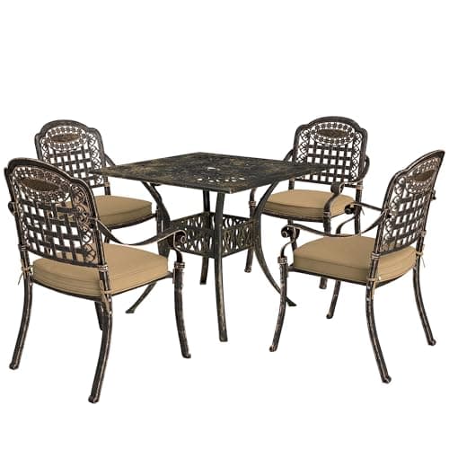 Image of Outsunny 5 Pieces Cast Aluminium Garden Dining Set, 4 Seater Garden Table and Chairs with Parasol Hole, Outdoor Garden Furniture Set with Cushions for Patio, Bronze Tone
