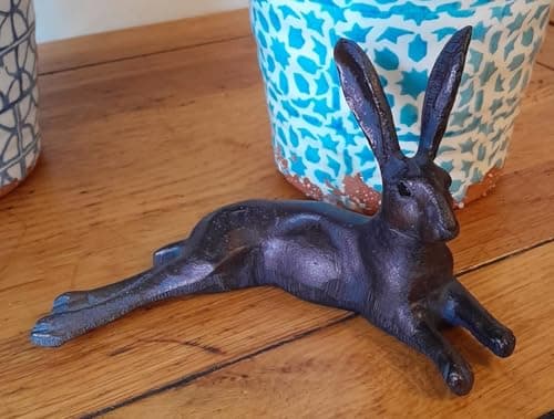 Image of Inspirational Gifting 15cm Tall Miniature Hare Laying Sculpture Ornament Figurine in Solid Hand Cast Metal with Bronze Effect Finish