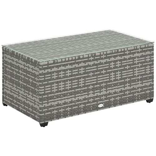 Image of Outsunny Outdoor Coffee Table, PE Rattan Side Table with Tempered Glass Top, Wicker Rectangular Garden Coffee Table End Table with Steel Frame for Patio, Balcony, 90 x 50 x 38cm, Light Grey