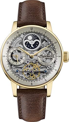 Image of Ingersoll The Jazz Mens 42mm Automatic Moonphase Watch with Light Gold Skeleton Dial and Brown Genuine Leather Strap I07704