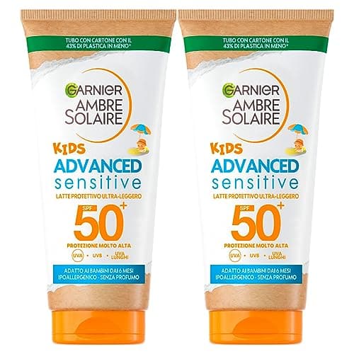 Image of 2 x Garnier Ambre Solaire Kids Advanced Sensitive SPF 50+ Resistance x3 Very High Protection for Children - 2 Bottles Each 50 ml