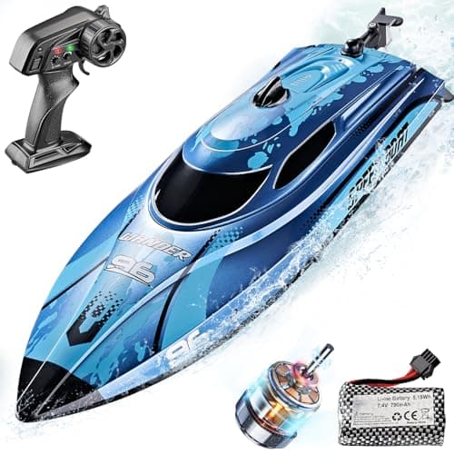 Image of BEZGAR RC Boats - Remote Control Boat for Kids and Adults, 2.4GHz LED Light Boats with 700mAh Rechargeable Battery, Fast Racing RC Boat for Lakes & Pools, Toy for Birthday - TX126 Blue