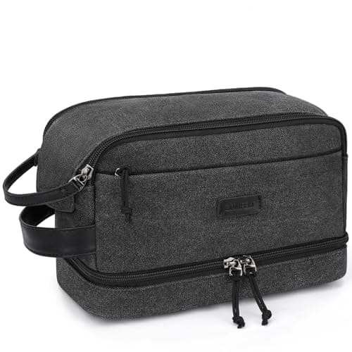Image of ZOMFELT Travel Toiletry Bag for Men, Canvas Wash Bag with Double Layer, Water-Resistant Hanging Toiletry Shaving Dopp Kit Make Up Bag Organizer, Toiletries Cosmetic Shower Bag for Women, Black