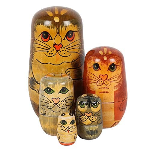 Image of Unique Hand-Painted Cat Russian Doll - 12x6.5 Centimeters (Set of 5) - Eye-Catching Home Ornament - Perfect For Cat Lovers