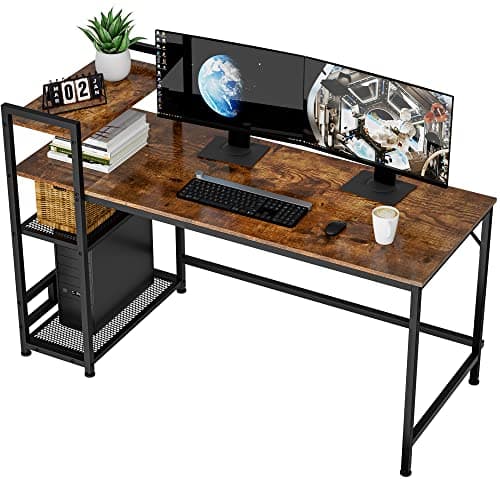 Image of HOMIDEC Desk, 140x60cm Computer Desk with Bookshelf, 110cm Height Study Computer Laptop Table with 4 Tier DIY Storage Shelves Writing Table for Home Office Bedroom