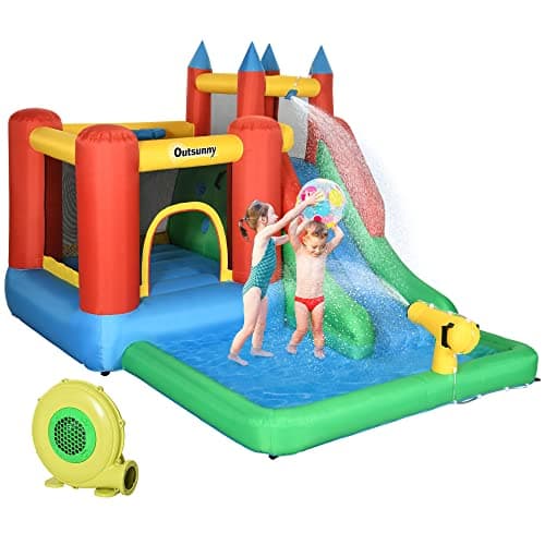 Image of Outsunny Kids Inflatable Bouncy Castle Water Slide 6 in 1 Bounce House Jumping Castle Water Pool Gun Climbing Wall Basketball Hoop with Air Blower for Summer Playland