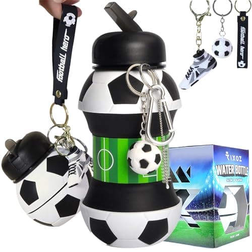 Image of RIXOZ Football Collapsible Water Bottle - 550ml Silicone Bottle With Football, Footi Boot Keyring & Carry Strap
