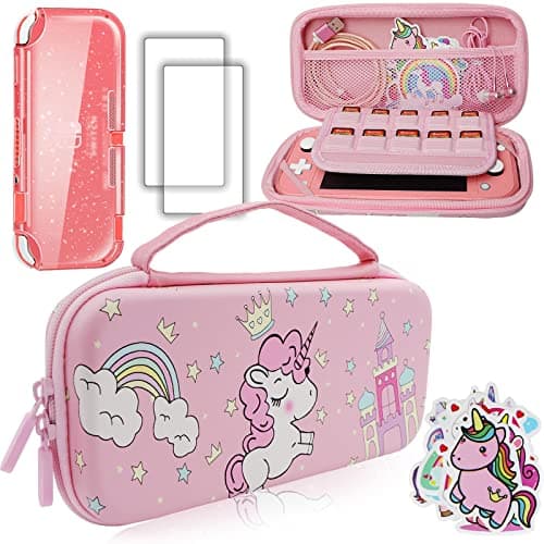 Image of Trunple Pink Unicorn Carrying Case Compatible with Nintendo Switch Lite Crystal Glitter Soft Protective Cover+Screen Protector+Stickers, Hard Storage Accessories Kit for Girls Birthday Gift