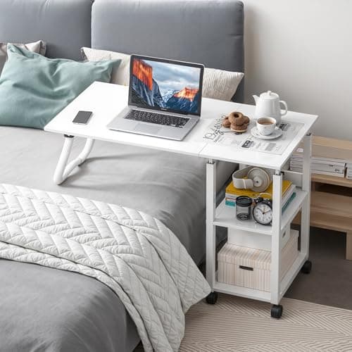 Image of BTGGG Height Adjustable XL Overbed Table with Lockable Wheels, 95 x 40 cm Movable Bed Table with 2 Storage Shelves, 70-88cm Height Desk, Hospital Bed Table Foldable Table for Bedroom Sofa, White