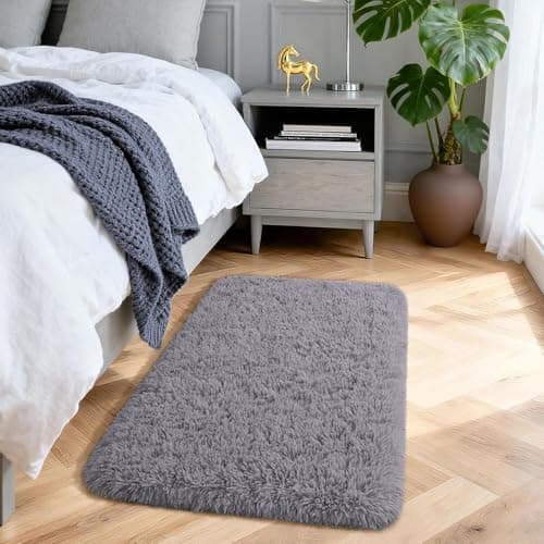 Image of Aspire Homeware Rugs Living Room - Grey Area Rugs for Bedroom Anti Slip - Modern Super Soft Thick Pile Small Fluffy Shaggy Rug Non Shedding, 50cm x 80 cm