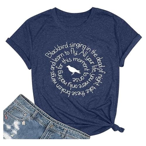 Image of Country Music Tops for Women Comfy 2026 Loose T Shirts Casual Blackbird Singing in The Dead of Night Tshirt Loose Fit Trendy Vintage Beach Tees Shirts Going Out Short Sleeve Summer Blue