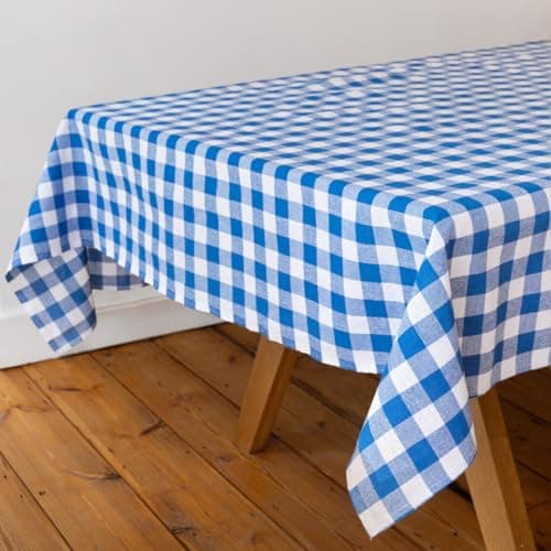 Image of Talking Tables Fabric Large Blue Checkered Gingham Tablecloth Recycled Cotton Rectangle, Reusable and Washable Table Cover for Alfresco Dining, Buffets, Weddings & Parties and Picnics 180cm x 140cm
