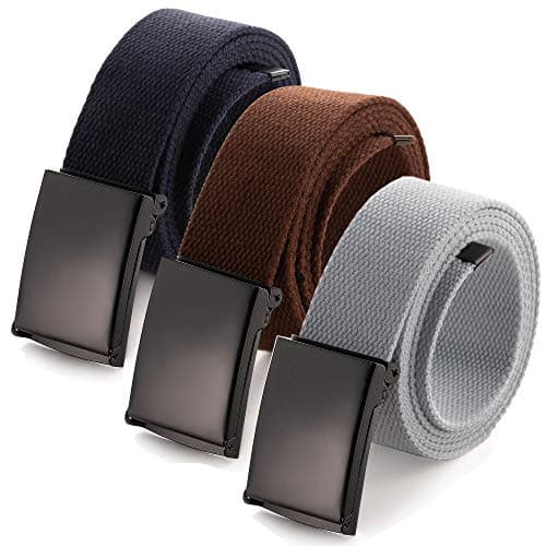 Image of Cut To Fit Canvas Web Belt Size Up to 52-inch with Flip-Top Solid Black Military Buckle (3 Pack Brown/Navy/Grey)(Size: Cut to One size)