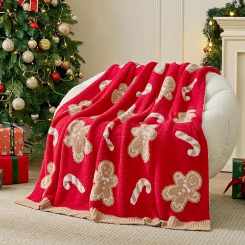 Image of Snuggle Sac Christmas Gingerbread Man Throw Blanket Red Candy Cane Blanket 50x60 inches, Ultra Soft Reversible Cozy Throw Blanket for Couch, Sofa and Bed for Xmas