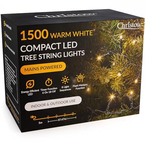Image of CHRISTOW 8ft Christmas Tree Lights, 1500 Warm White LED Fairy Lights with Timer, 8 Light Modes, Energy Efficient 3mm LEDs, Indoor & Outdoor, Mains Powered, Green Cable (34.47m Lit Length)