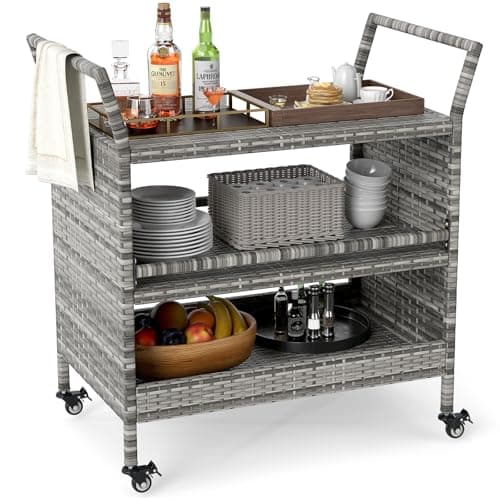 Image of COSTWAY Outdoor Rattan Bar Cart, 3-Tier Rolling Serving Cart with 4 Lockable Universal Wheels & 2 Side Handles, Indoor Outdoor Wicker Liquor Beverage Drink Trolley for Kitchen Garden Patio (Mix Grey)