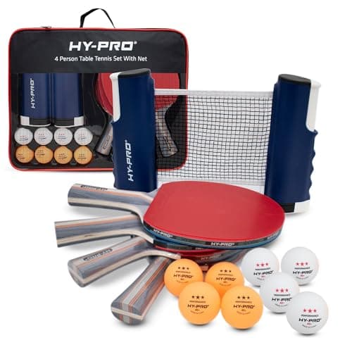 Image of Hy-Pro Table Tennis Set – 4 Person Portable Ping Pong Set with Retractable Table Tennis Net, 4 Bats, 6 Balls & Carry Case, Quick Setup, Up to 170 cm Extendable Net, Indoor & Outdoor, Travel Ready