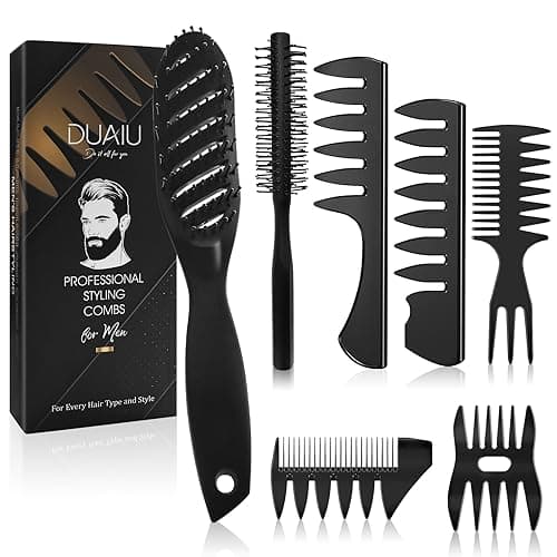 Image of Hair Brush Men Styling Set,DUAIU Mens Hair Combs Styling Brush 7pcs,Curved Vented Paddle Brush,Quiff Round Hair Brush,Wide Tooth Comb,Texture Comb for Blow Drying,Slick Back,Detangling,Hairdressing