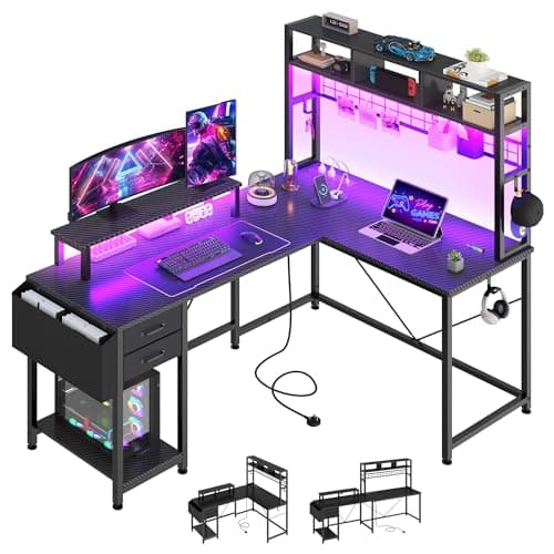 Image of YITAHOME L Shaped Gaming Desk with Drawers, Reversible Home Office Corner Computer Desk Storages & Shelves, 150x100 cm Gaming Table with LED Lights & Power Outlets, Black