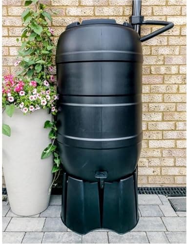 Image of Made In The UK Water Butt, 210L Outdoor Rainwater Black Water Butt Complete With Tap Stand Filler Kit & Lid