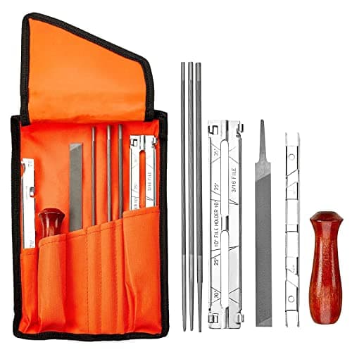 Image of OKPOW Chainsaw Sharpener File Kit - Includes 5/32, 3/16, and 7/32 Round Files, 6 Inch Flat File, Wood Handle, Depth Gauge, Filing Guide, and Tool Pouch - for Sharpening Chain Saw Blades, 8 Piece