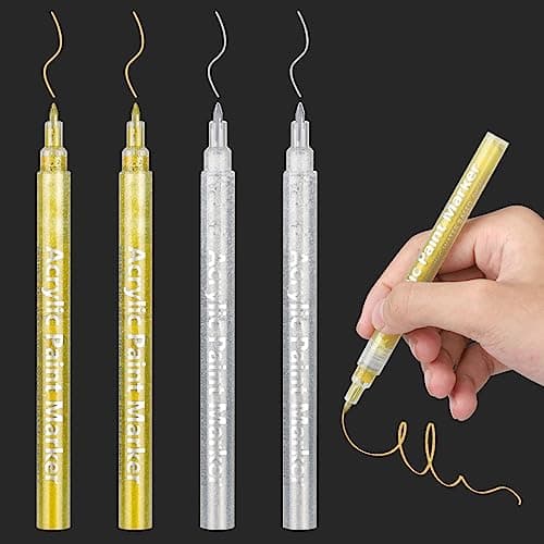 Image of DONQL 4Pcs Acrylic Paint Pen 0.7mm Metallic Permanent Acrylic Markers Set Glass Glitter Paint Pens for Fabric Glass Rock Wooden Ceramic Leather (2 Gold & 2 Silver)