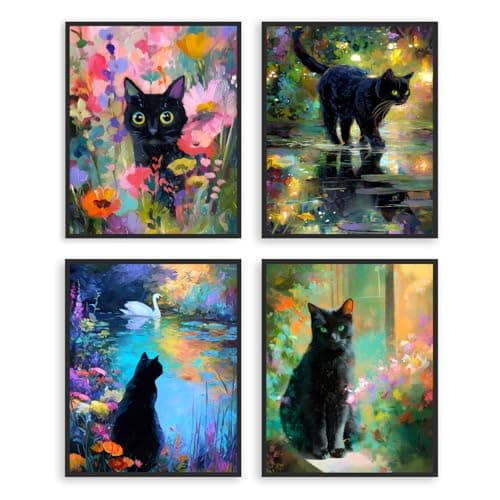 Image of Dazzlewall 4Pcs Cute Black Cat Wall Art Set,Colorful Floral Fantasy Black Cat with Elegant Sense Arts Prints for Bedroom Living Room Decor 8x10 in Unframed