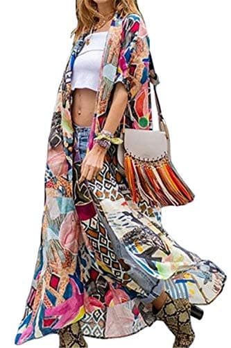 Image of LikeJump Women's Long Floral Kimono Dressing Gown Beach Bikini Cover-Ups Maxi Dress Plus Size Summer Robe