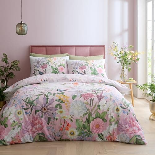 Image of Catherine Lansfield RHS x Enchanted Butterfly Garden So Soft Double Duvet Cover Set with Pillowcases Pink
