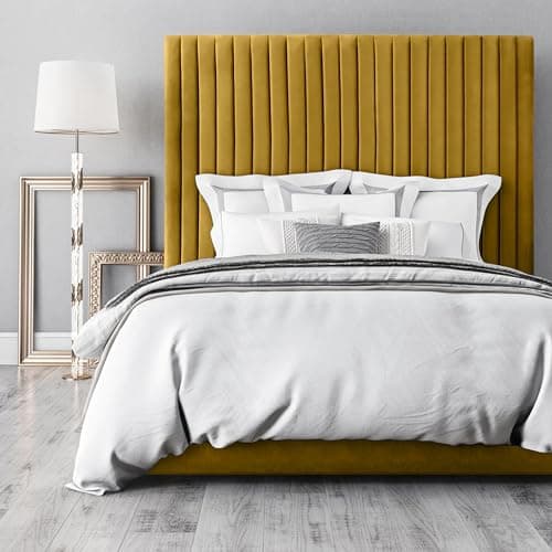 Image of AuGold Beds Upholstered Bed Frame River Plush Velvet Single Bed (3ft) - Single Bed Frame - Mustard Plush